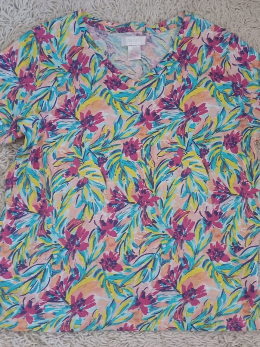 Stella Parker Collection Womens Large Floral Tropical V Neck Top Short Sleeve